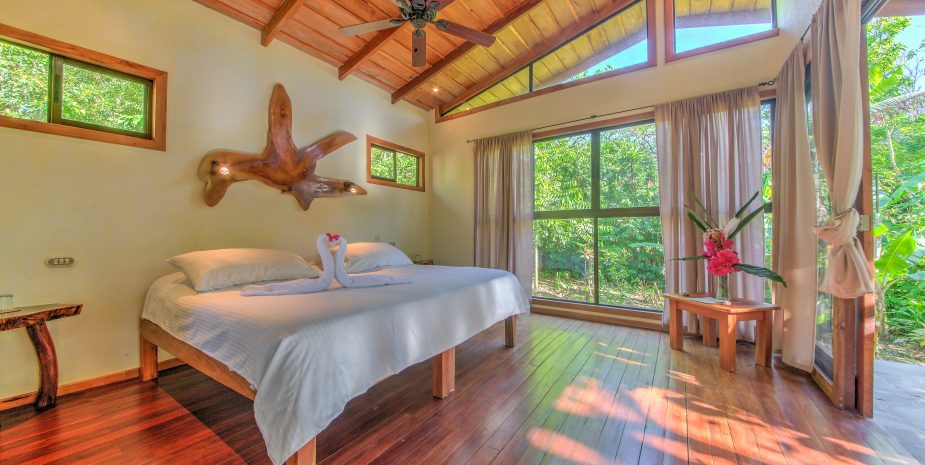 Mystica Lodge and retreats has different rooms styles. This is one of the jungle cabins. This jungle Cabin can be set up with two single beds and one King size bed. They come with an outdoor shower and have a private deck with jungle view.